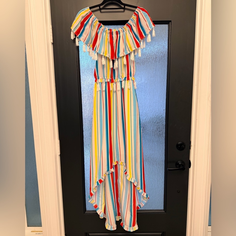 XOXO Off Shoulder Multicolor Striped High Low Maxi Dress Tassle Trim Boho Size M - Picture 3 of 11